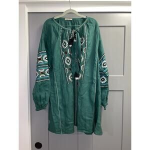 AURIE L'ATELIER Green Boho Chic Embroidery Detailed 100% Linen Dress Medium